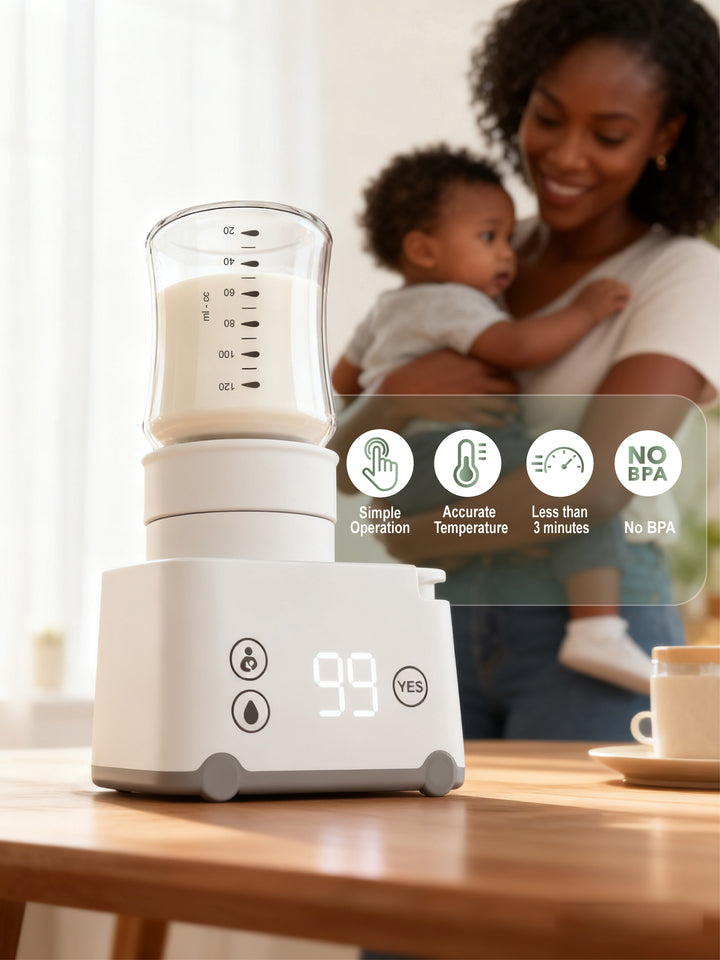 Baby bottle sterilizer on a table with a woman holding a child in the background