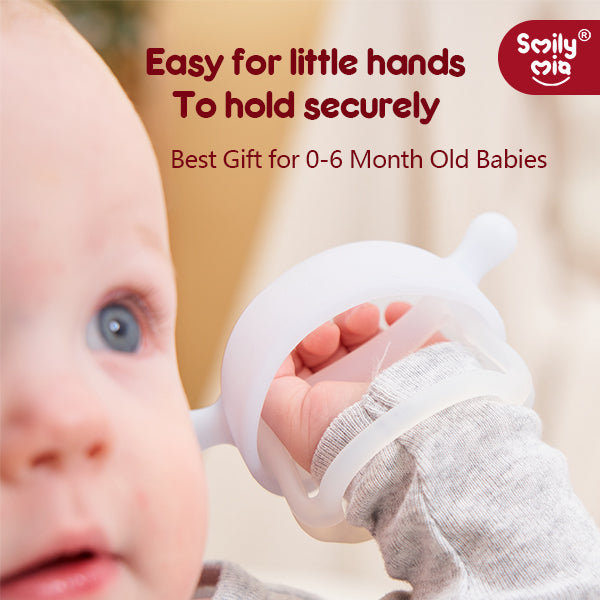 Baby hand holding a white object with text about security for young babies and brand 'Smily Mia'.