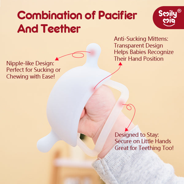Baby holding a pacifier and teether with text explaining its features on a beige background