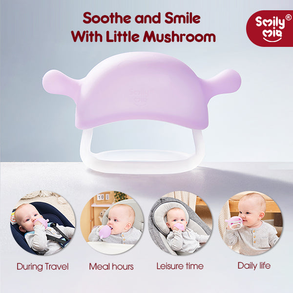 Baby product with 'Smily Mia' branding, featuring a purple mushroom-shaped item and images of babies using it.
