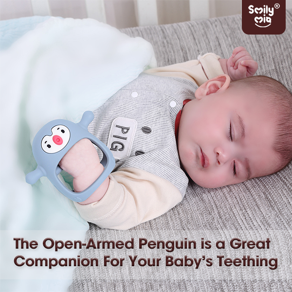 Baby sleeping with a teething ring featuring an open-armed penguin design, with Sesily branding.