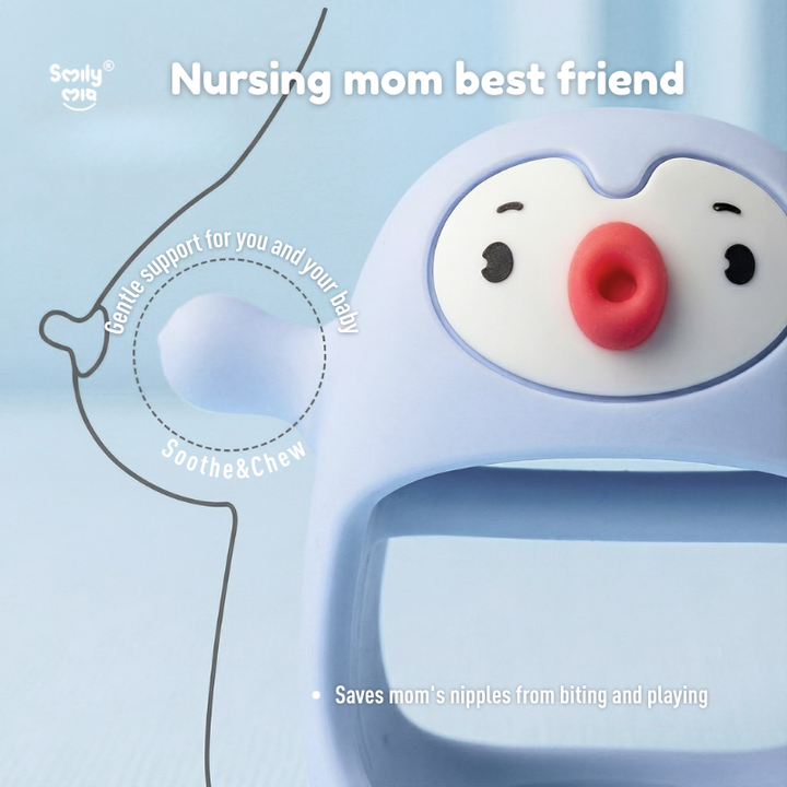 Baby teether with cartoon face on a light blue background, labeled as 'Nursing mom best friend'. Smily Mia