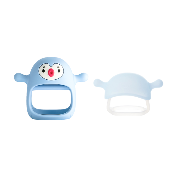 Blue baby penguin teether on a white background