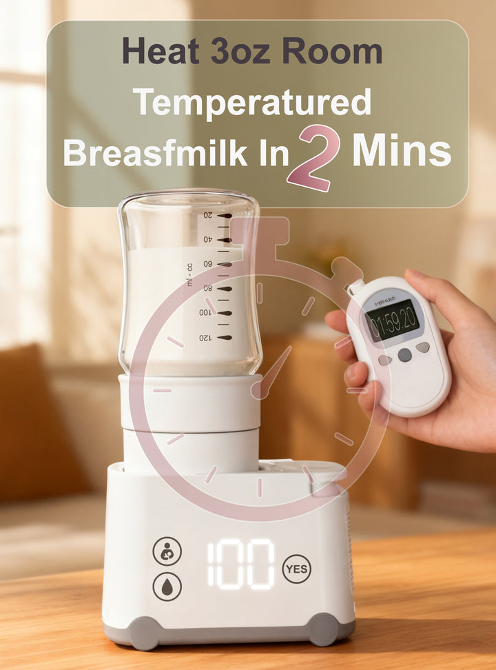 Breast milk warmer with digital display on a wooden surface