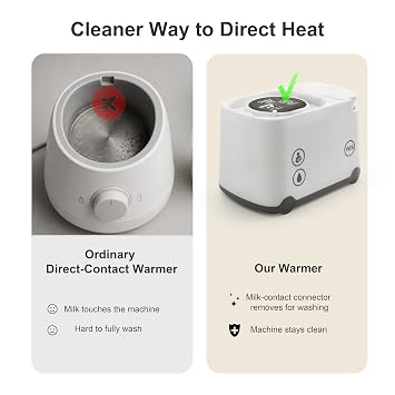 Comparison image showing ordinary direct-contact bottle warmer versus Smily Mia warmer with removable milk-contact connector for cleaner use