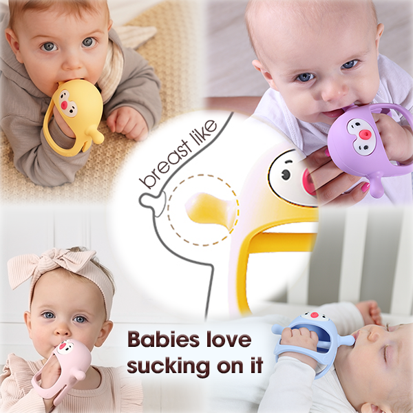 Collage of babies using various baby teething toys with text 'Babies love sucking on it'.