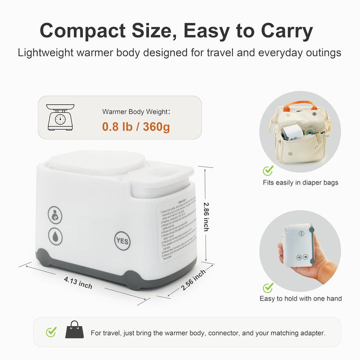 Smily Mia portable bottle warmer dimensions and weight specifications showing 0.8 lb, compact size for diaper bags and one-hand carrying