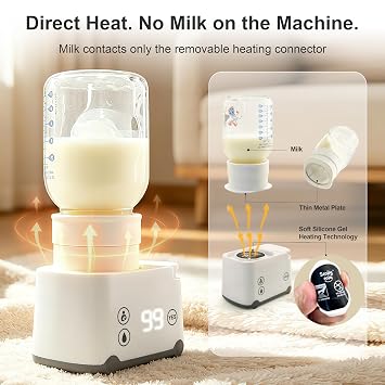 Diagram showing Smily Mia bottle warmer's direct heat technology where milk only touches the removable heating connector, not the machine