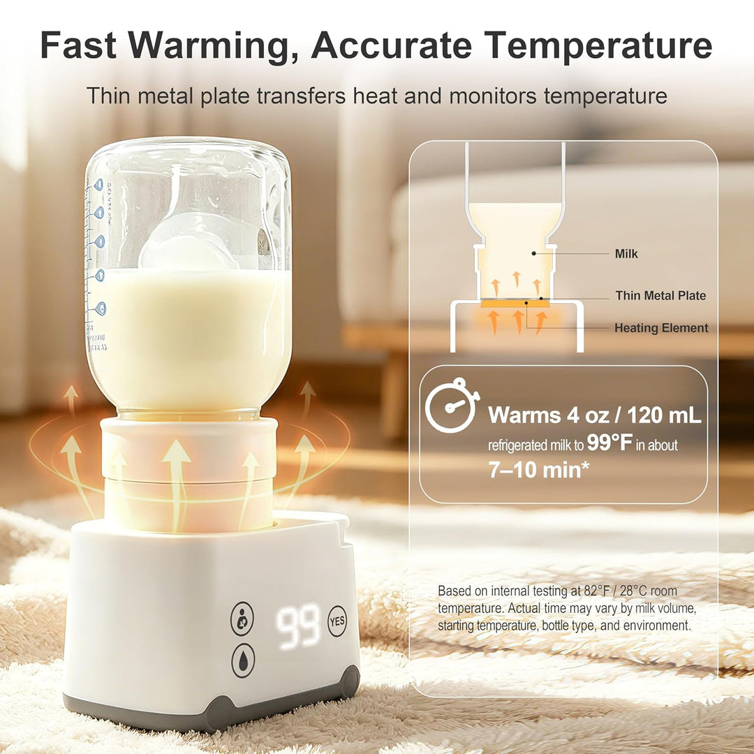 Smily Mia bottle warmer warming 4oz refrigerated milk to 99°F in 7 to 10 minutes using thin metal plate heating technology