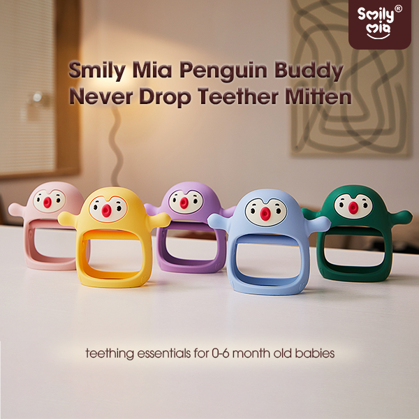 Five colorful penguin-shaped teething mitten toys on a neutral background with 'Smily Mia' branding.