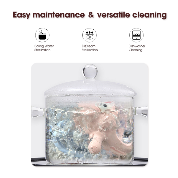 Glass container with a lid on a white background, featuring text about cleaning methods.