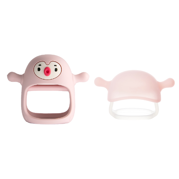 Pink baby teether with a penguin design on a white background