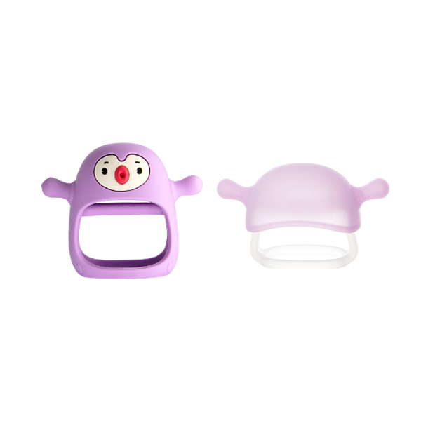 Purple baby teether with cartoon face design on a white background