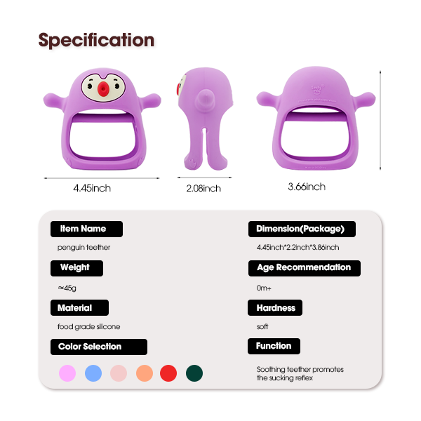 Purple penguin-shaped teether with dimensions and specifications on a white background