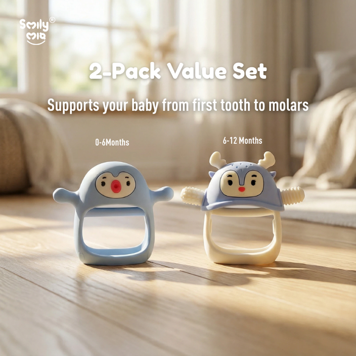 Smily Mia 2-Pack Teether Value Set showing Penguin Buddy for 0–6 months and Reindeer Teether for 6–12 months, supporting baby from first tooth to molars