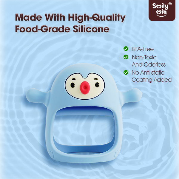 Blue silicone product with cartoon face on a blue water ripple background, featuring text about high-quality food-grade silicone.