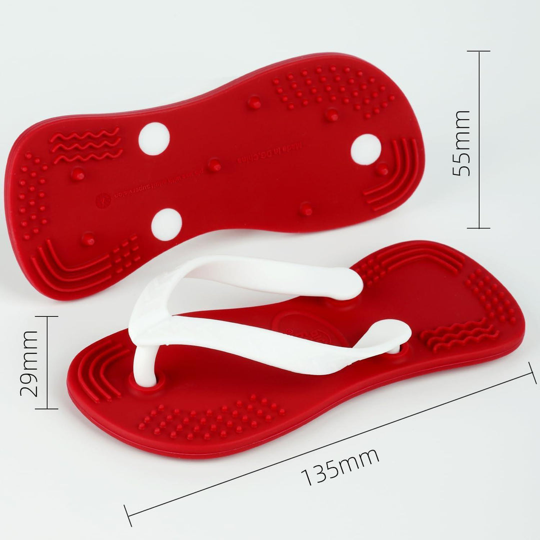 Smily Mia Flip Flop Teether product dimensions showing 135mm length, 55mm width and 29mm height in red and white silicone