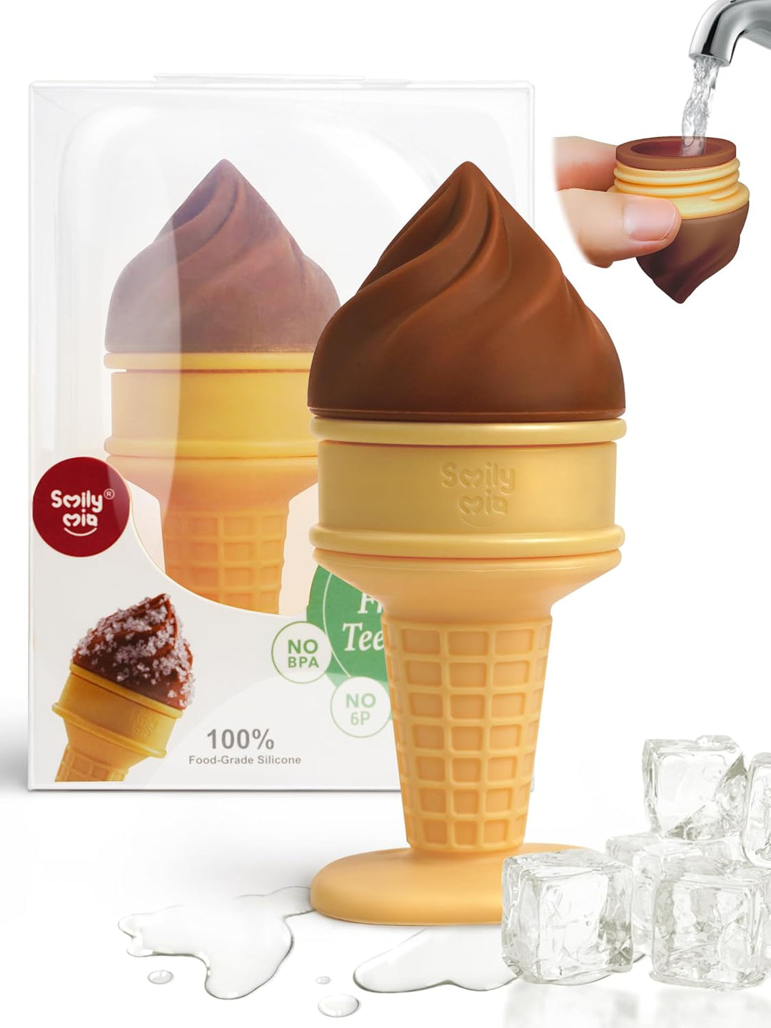 Smily Mia chocolate brown ice cream freezable teether beside retail packaging showing 100% food-grade silicone, No BPA, No 6P certifications with ice cubes and water fill inset demonstrating cooling teether features