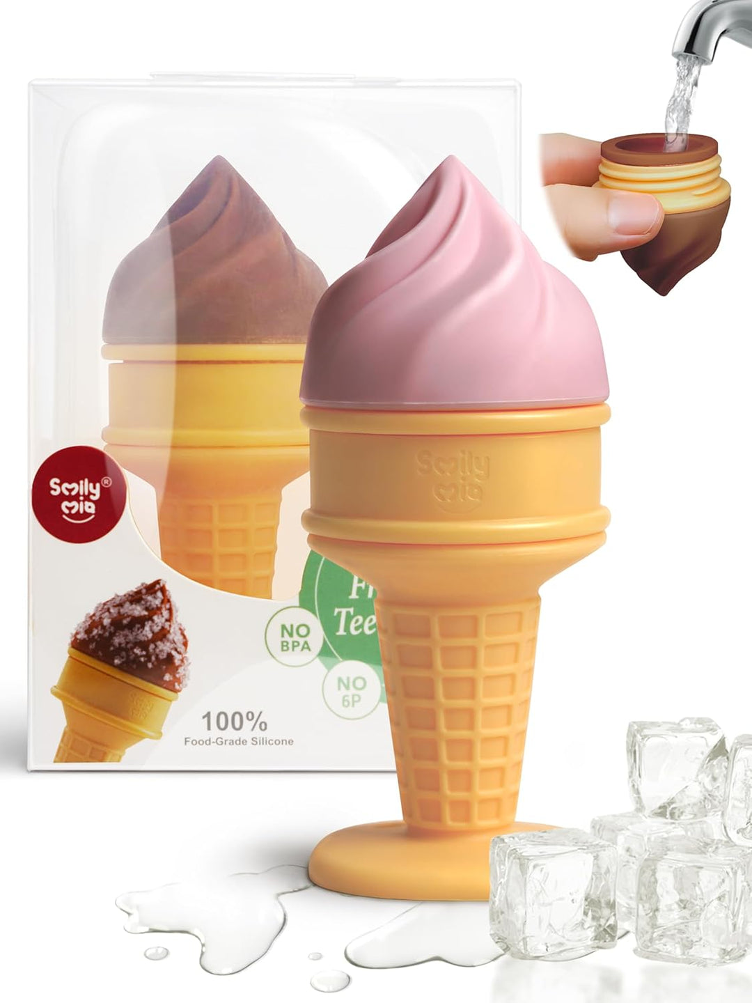 Smily Mia pink ice cream freezable teether beside retail packaging showing 100% food-grade silicone, No BPA certification with ice cubes and water fill inset