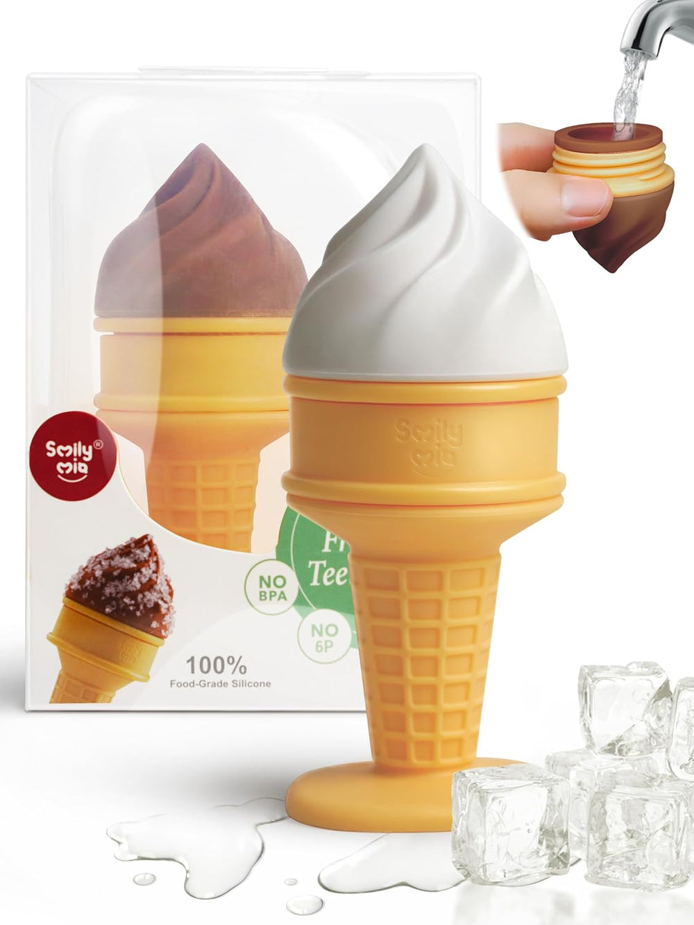 Smily Mia white ice cream freezable teether beside retail packaging showing 100% food-grade silicone certification with ice cubes and water fill inset for cooling gum relief