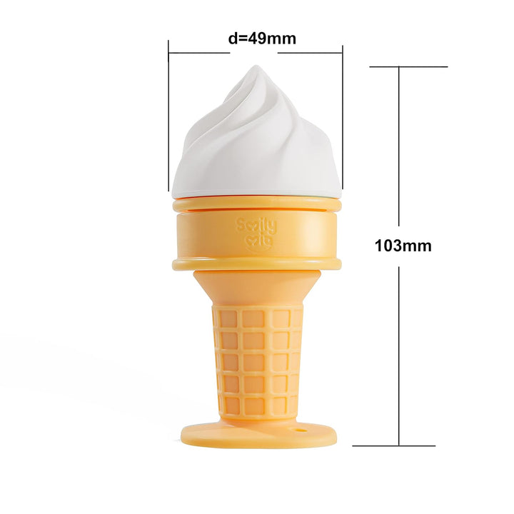 "Smily Mia white ice cream teether size dimensions diagram showing 49mm width and 103mm total height measurements for parents to confirm product sizing before purchase