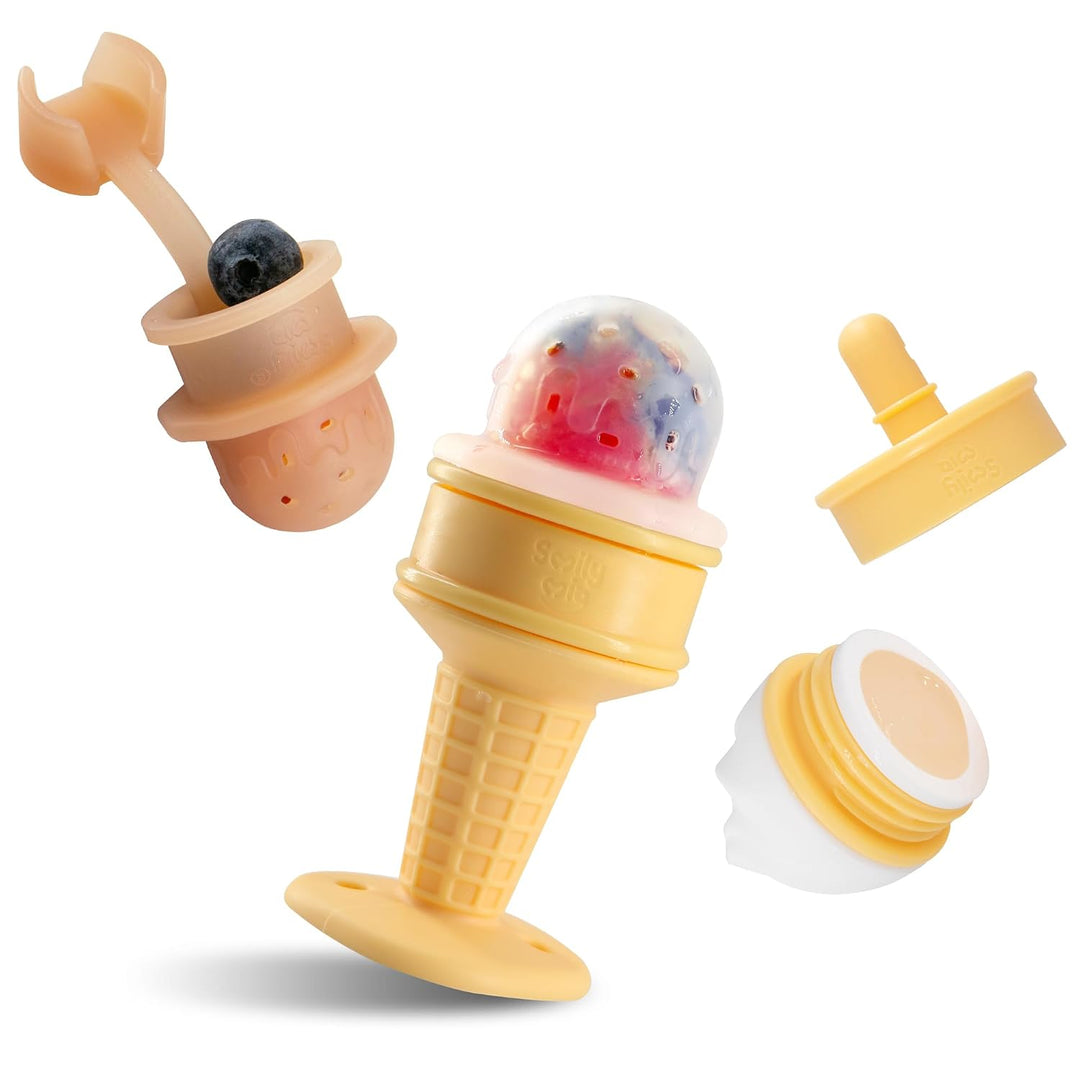 Smily Mia Ice Cream Freezable Teether disassembled showing ice cream cone base, removable scoop top, water fill valve, and fruit feeder bag with blueberry inside demonstrating how the teether fills with water or fruit