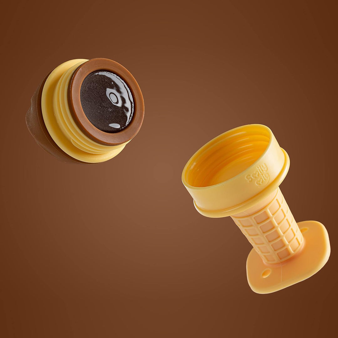 Smily Mia chocolate ice cream teether disassembled showing removable brown silicone scoop with water fill opening and empty yellow waffle cone base separately on dark brown background