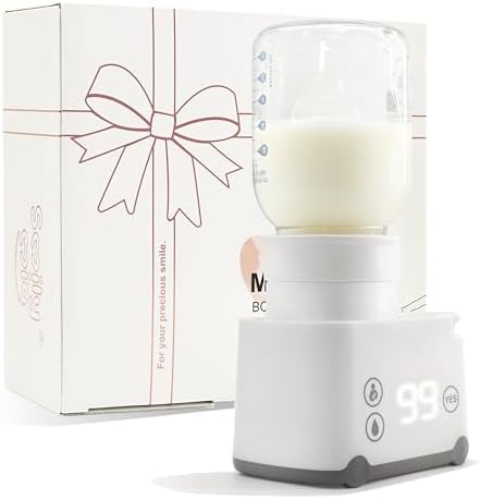 Smily Mia Minibus portable bottle warmer with rose gold gift box packaging and glass bottle on warmer base