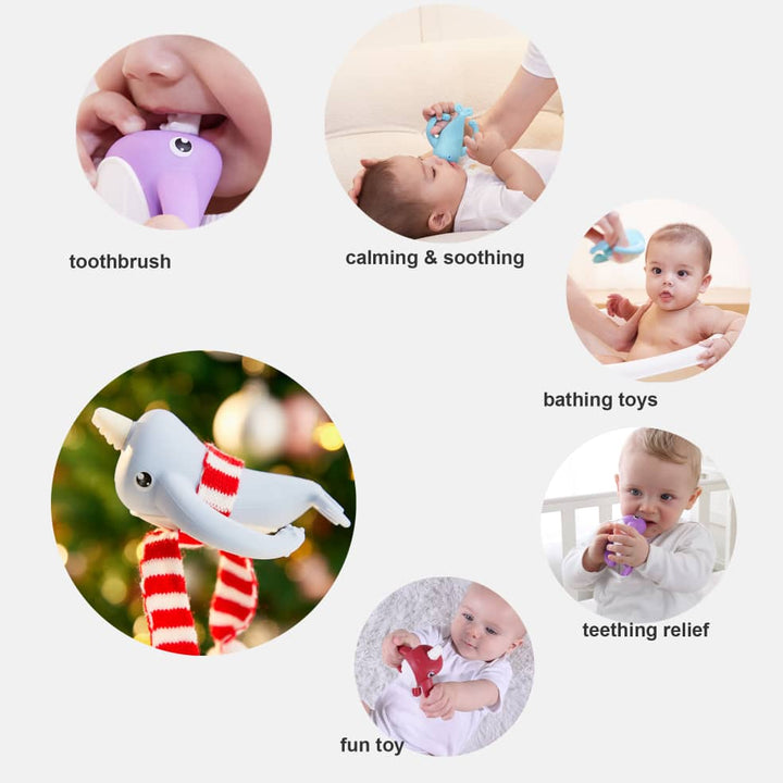 Smily Mia Nora Narwhal teether used six ways — as toothbrush, calming toy, bath toy, teething relief, fun toy and Christmas gift for babies