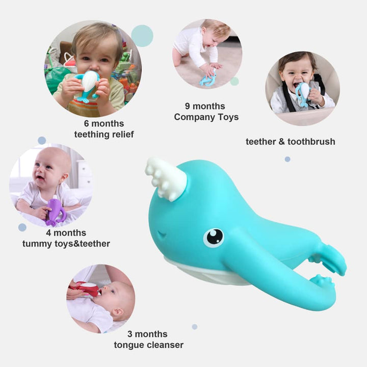Smily Mia teal narwhal teether age milestone guide showing use from 3 months as tongue cleanser, 4 months tummy toy, 6 months teething relief, 9 months companion toy and toothbrush
