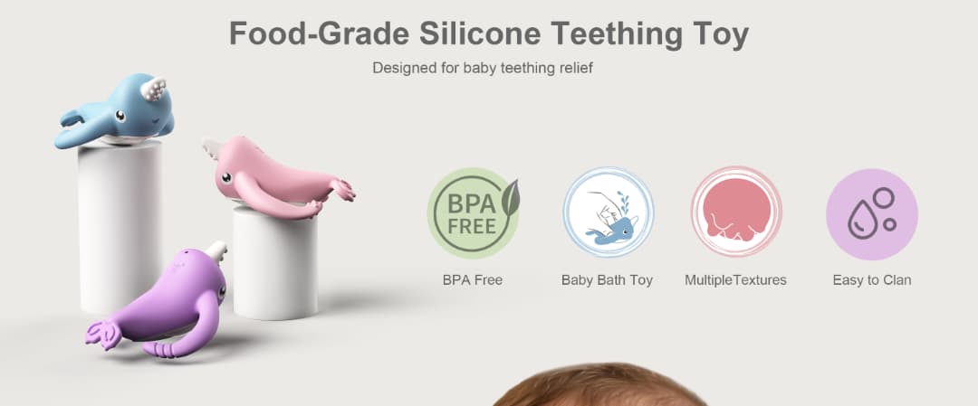 Smily Mia Nora Narwhal food-grade silicone teething toys in blue, pink and purple with BPA-free and multiple textures badges