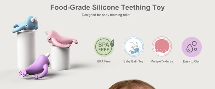 Smily Mia Nora Narwhal food-grade silicone teething toys in blue, pink and purple with BPA-free and multiple textures badges