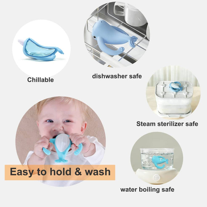 Smily Mia narwhal teether care guide showing chillable design, dishwasher safe, steam sterilizer safe and water boiling safe cleaning methods with baby holding teether