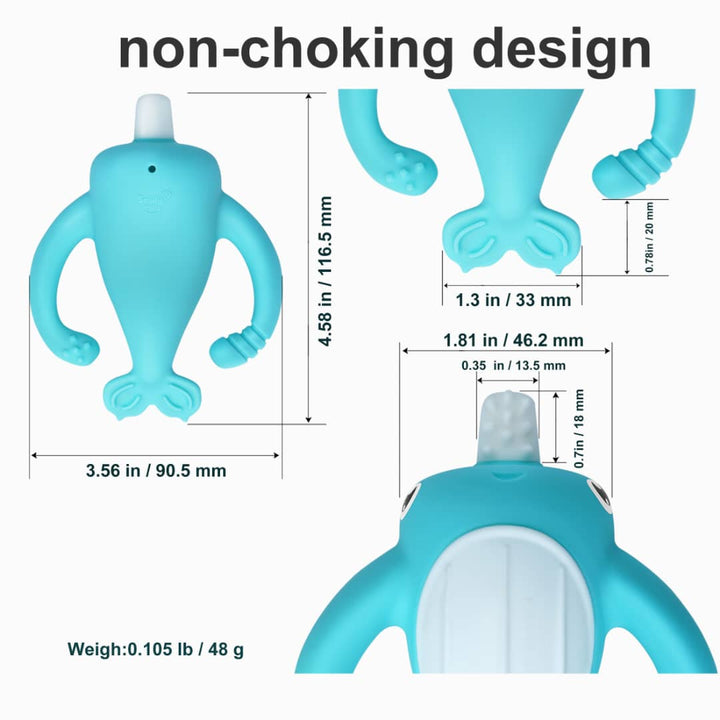 Smily Mia narwhal teether non-choking design dimensions showing 4.58 inch height, 3.56 inch width, 48 gram weight and safe chew tip size of 1.81 inches