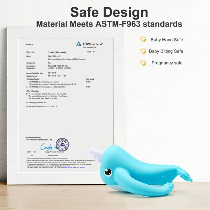 Smily Mia Nora Narwhal teether TÜV Rheinland ASTM-F963 safety certificate confirming baby hand safe, baby biting safe and pregnancy safe material standards