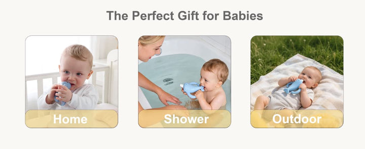 Smily Mia Nora Narwhal teether used at home in crib, during shower bath time and outdoors on a picnic blanket — perfect baby gift