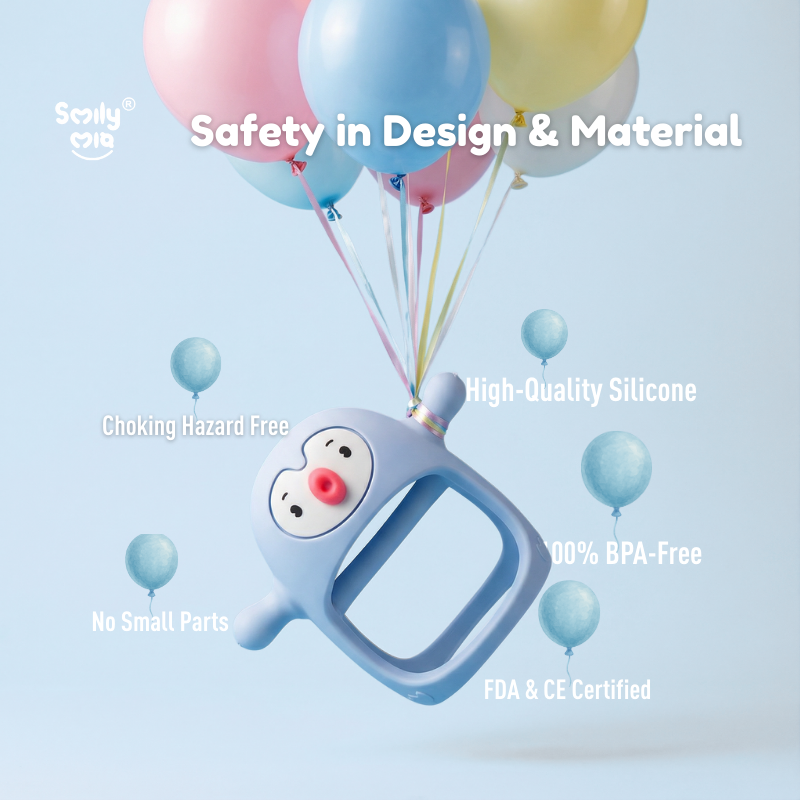 Smily Mia Penguin Buddy Teething Mitten floating with colourful balloons, highlighting safety features: choking hazard free, no small parts, high-quality silicone, 100% BPA-free, FDA & CE certified