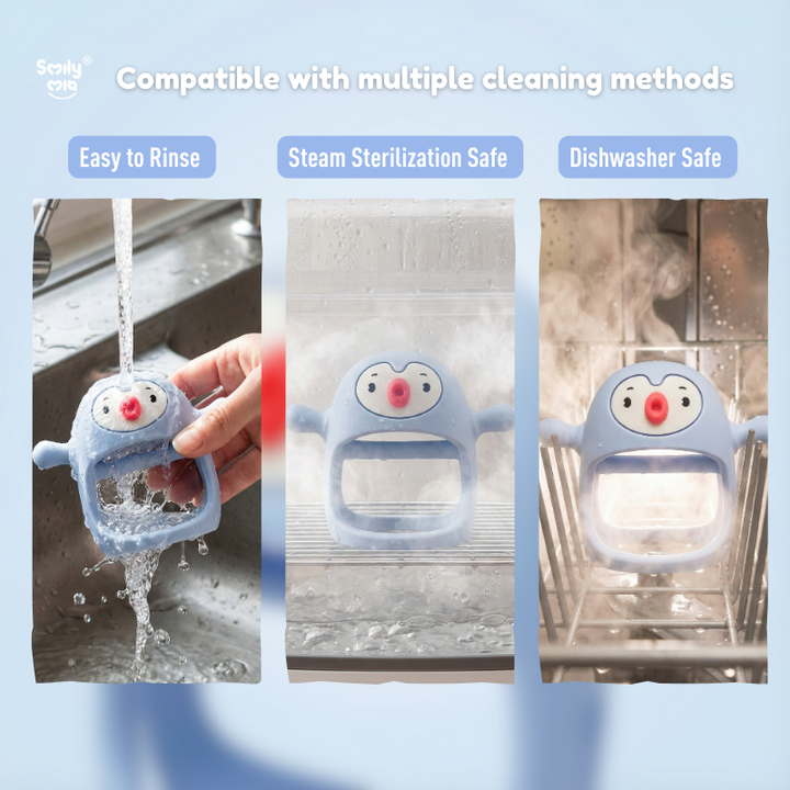 Smily Mia Penguin Buddy Teether shown being cleaned three ways: easy to rinse under running water, steam sterilization safe, and dishwasher safe