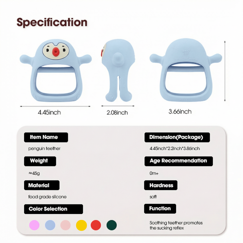 Smily Mia Penguin Teether specification chart showing dimensions 4.45 x 2.08 x 3.66 inches, weight 45g, food-grade silicone material, soft hardness, age 0 months plus, available in 6 colours