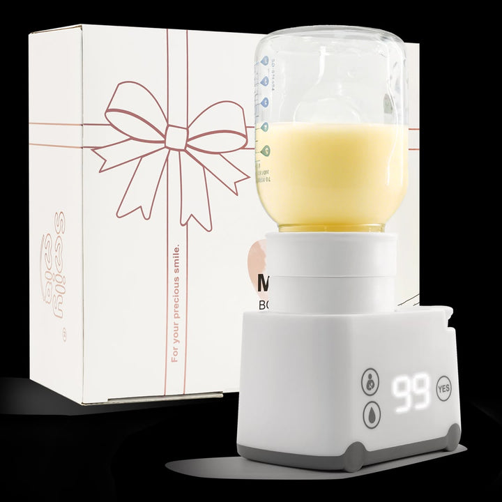 Smily Mia Portable Baby Bottle Warmer — fast, cordless breastmilk and formula warmer shown with a full bottle and gift box packaging