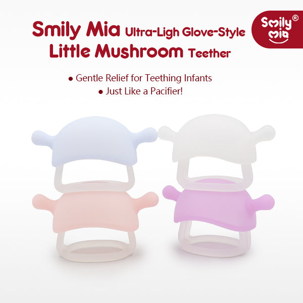 Smily Mia ultra-Light Glove-Style Little Mushroom Teether with pastel colors on a white background