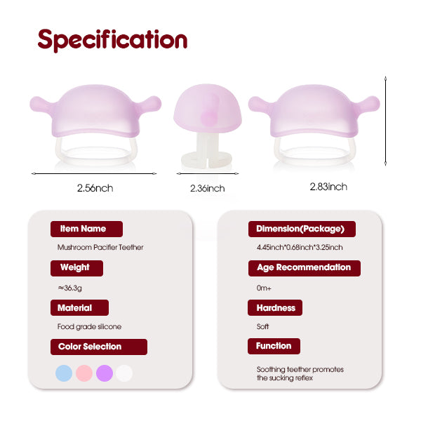 Specifications of a mushroom pacifier teether with dimensions and material details.