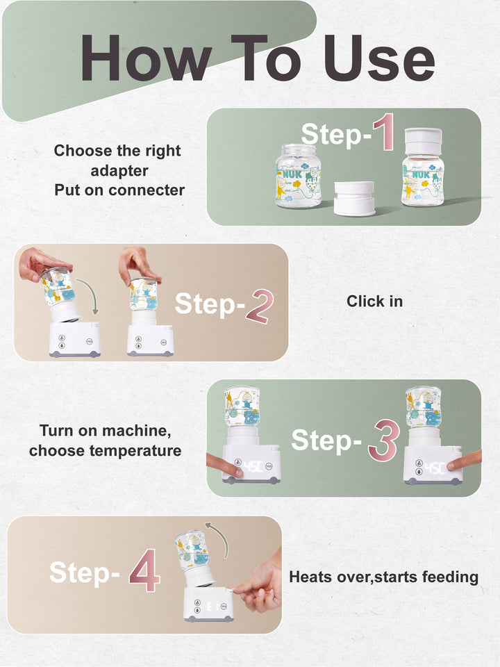 Step-by-step guide on how to use a baby bottle warmer with illustrations and text.