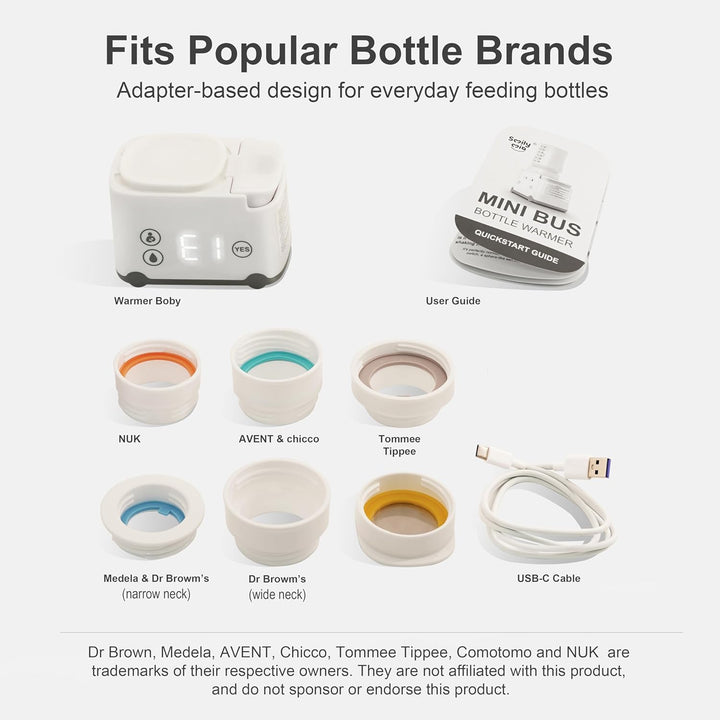 Smily Mia bottle warmer with six adapter set compatible with NUK, Avent, Chicco, Tommee Tippee, Medela, Dr. Brown's bottles, plus USB-C cable and user guide