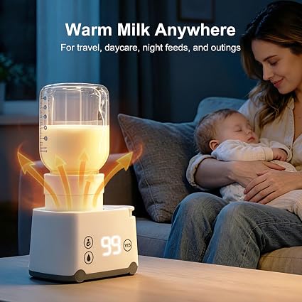 Mother holding sleeping baby beside Smily Mia portable bottle warmer used for travel, daycare, and night feeds