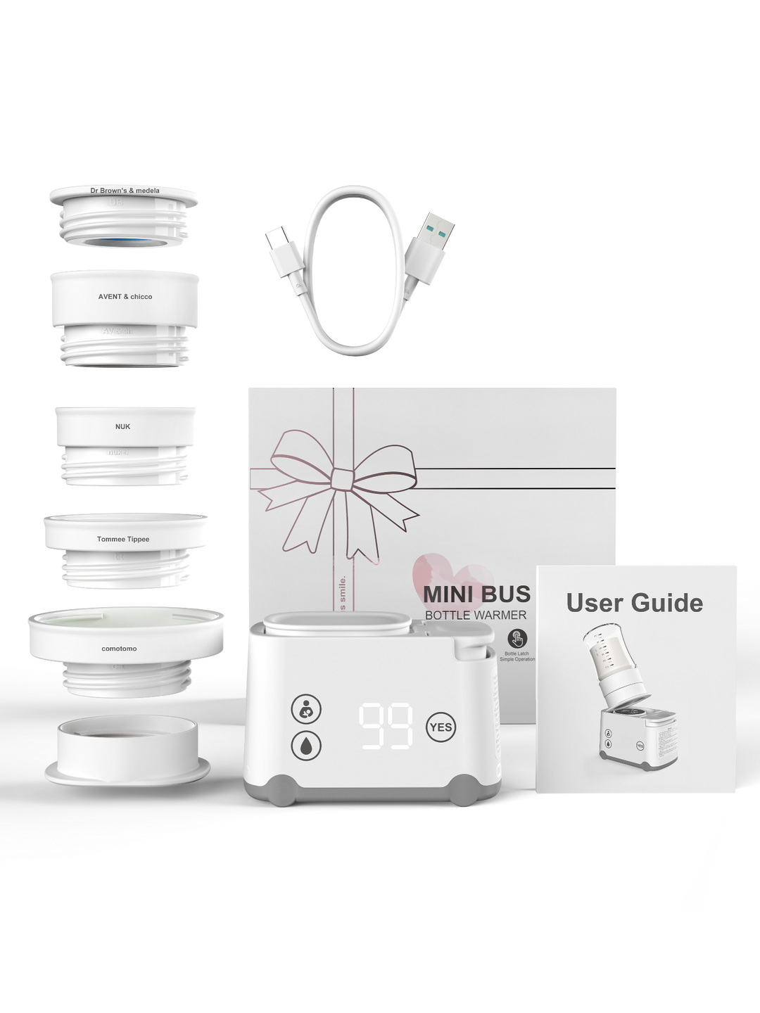White electronic device with attachments and a user guide on a white background