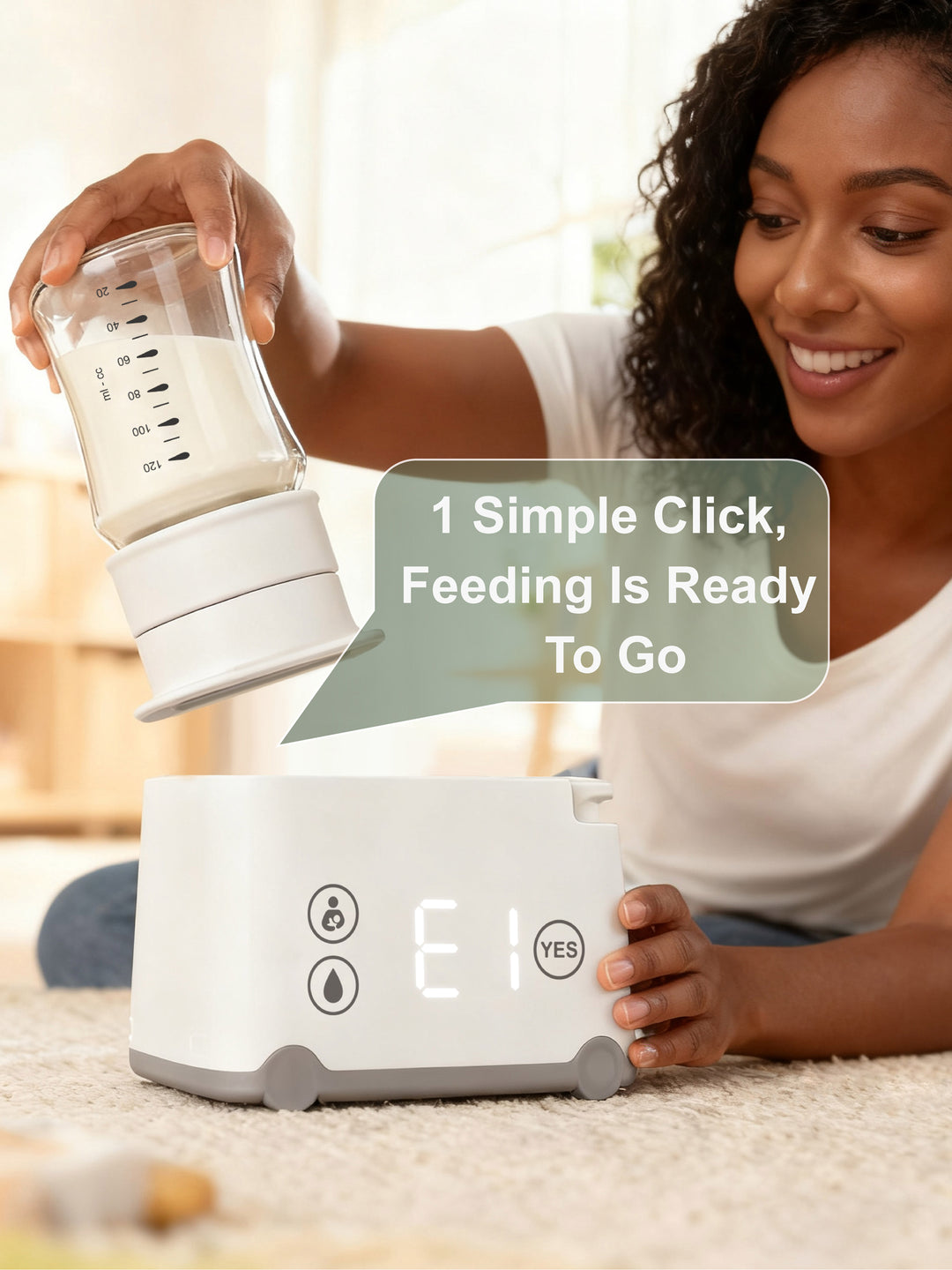 Woman using a baby bottle feeder with text '1 Simple Click, Feeding Is Ready To Go' on a blurred background.